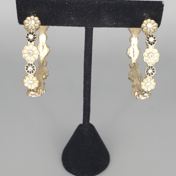 Black and White Flower Goldtone Hoop Earrings - Picture 1 of 6